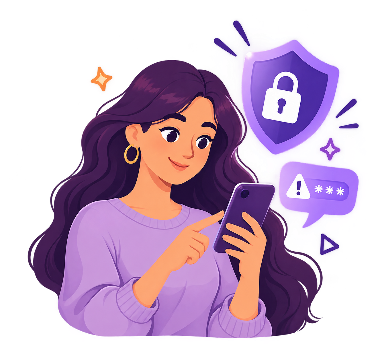 Girl using a phone with digital security symbols